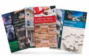 California Real Estate salesperson licensing textbook set including Principles, Practice, and Legal Aspects.